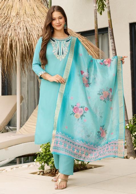 Sky Blue Embroidered Rayon Straight Kurta Set