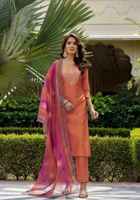 Orange Embroidery Silk Blend Kurta Set