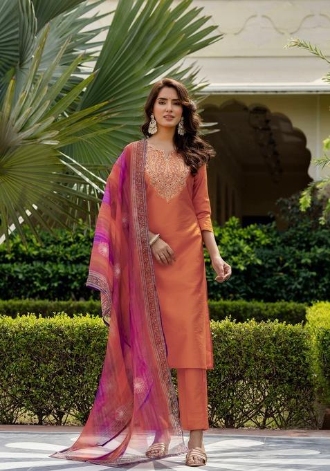 Orange Embroidery Silk Kurta Set 