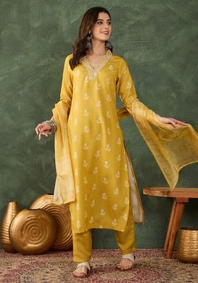 Yellow Printed Rayon Straight Kurta Set