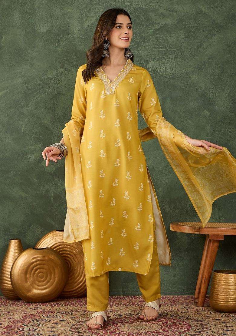 Yellow Printed Rayon Straight Kurta Set - Indya