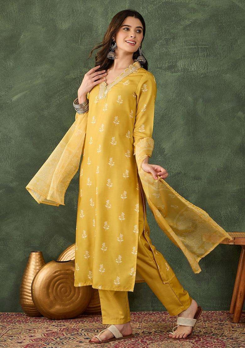 Yellow Printed Rayon Straight Kurta Set - Indya