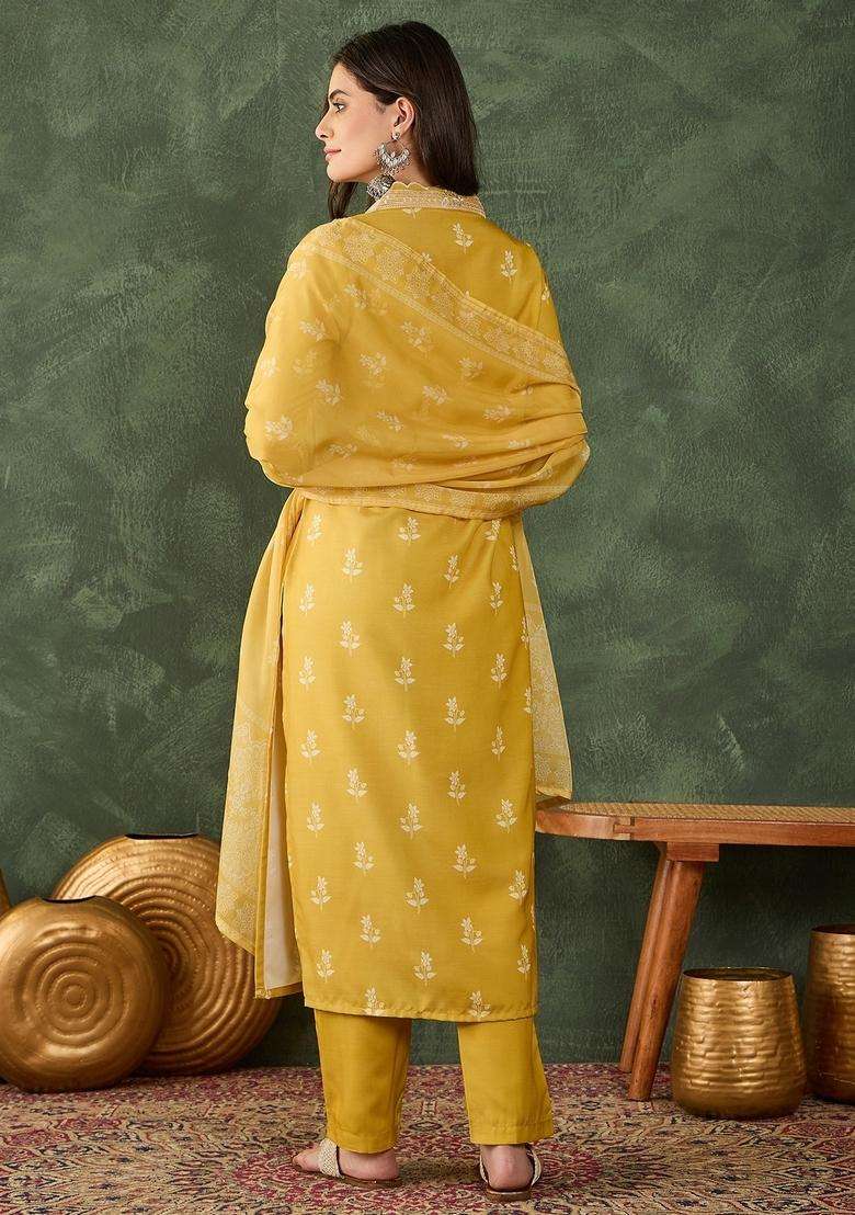 Yellow Printed Rayon Straight Kurta Set - Indya