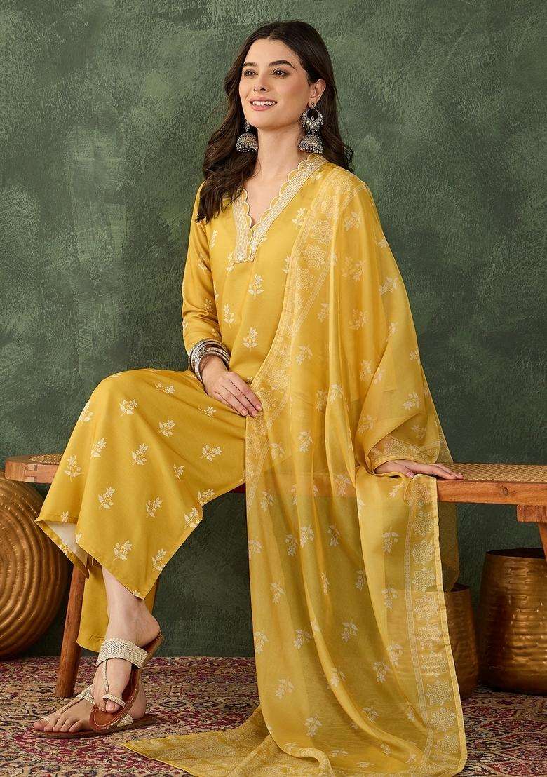 Yellow Printed Rayon Straight Kurta Set - Indya