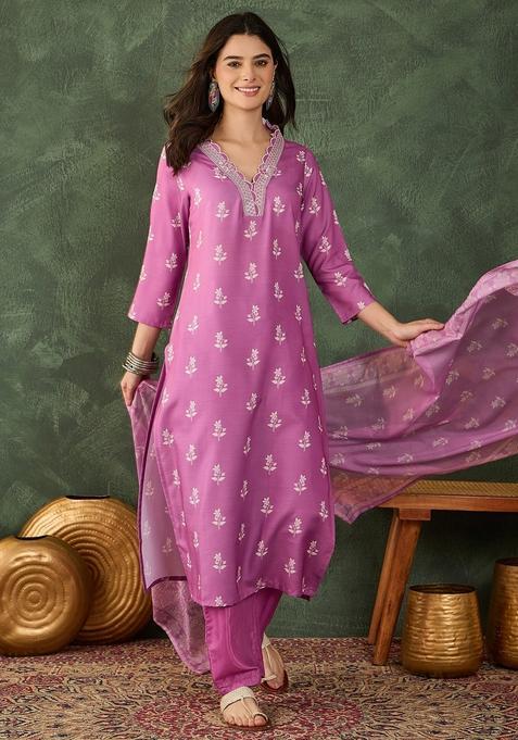 Mauve Printed Rayon Straight Kurta Set