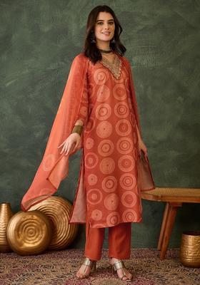 Orange Printed Rayon Straight Kurta Set