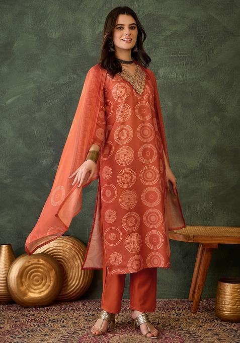 Orange Printed Rayon Straight Kurta Set