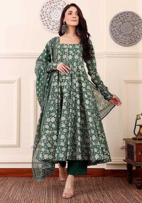 Deep Green Printed Viscose Kurta Set
