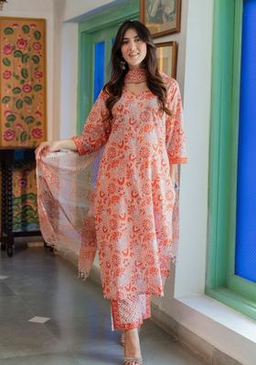 Orange Floral Print Viscose Straight Kurta Set