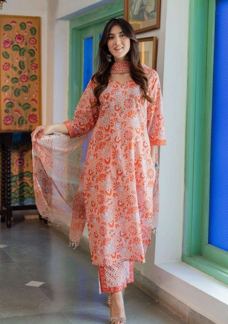 Orange Floral Print Viscose Straight Kurta Set - Indya