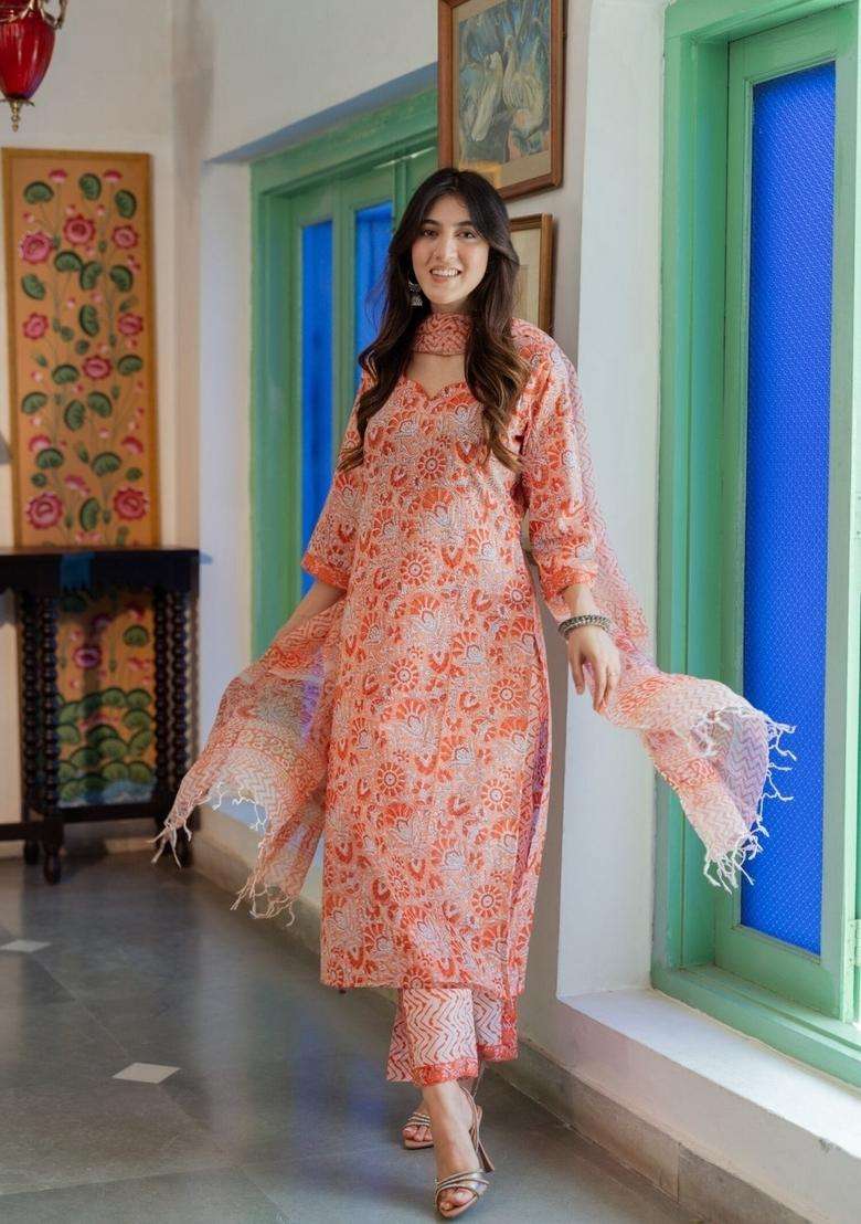 Orange Floral Print Viscose Straight Kurta Set - Indya