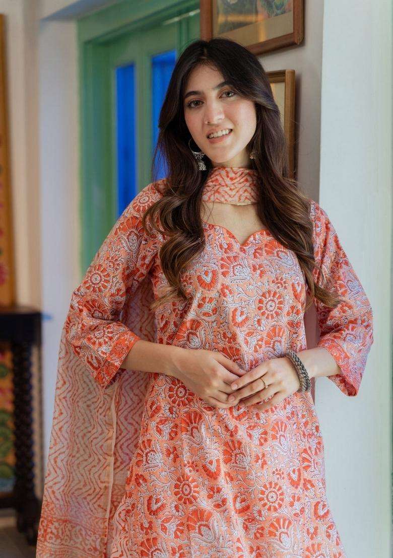 Orange Floral Print Viscose Straight Kurta Set - Indya