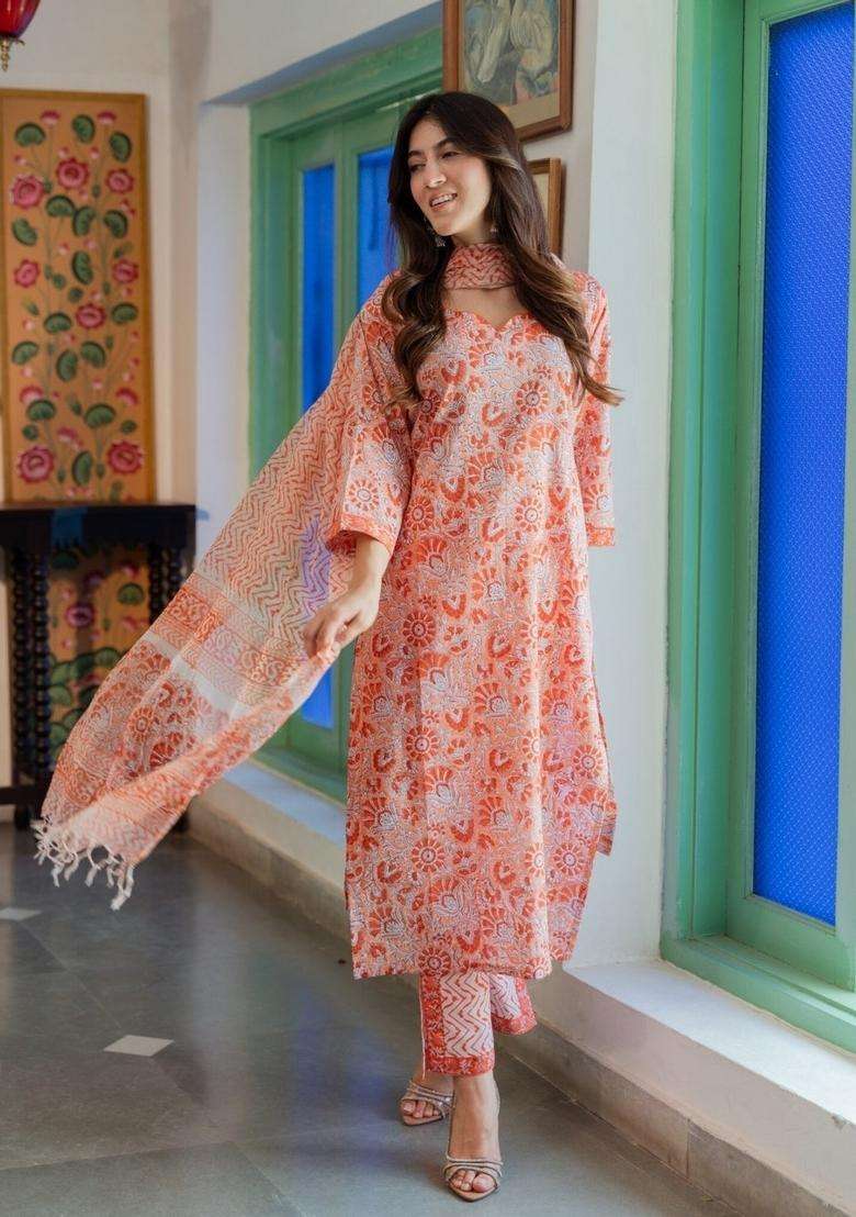 Orange Floral Print Viscose Straight Kurta Set - Indya