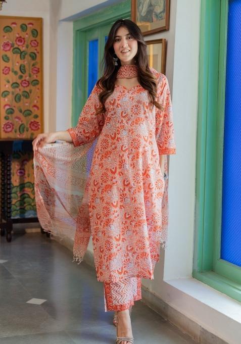 Orange Printed Viscose Kurta Set