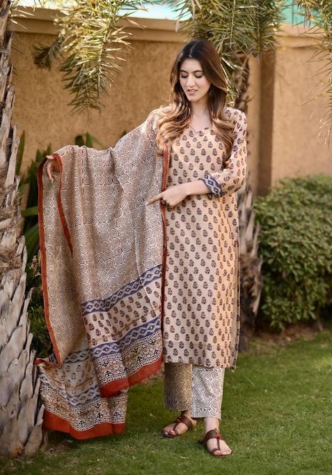 Beige Printed Viscose Kurta Set