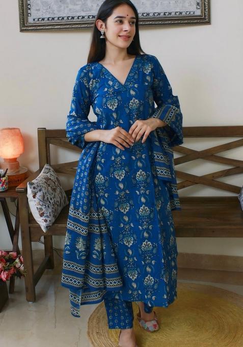 Blue Printed Viscose Kurta Set