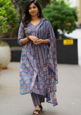 Navy Blue Printed Viscose Kurta Set