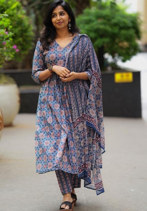 Navy Blue Printed Viscose Kurta Set