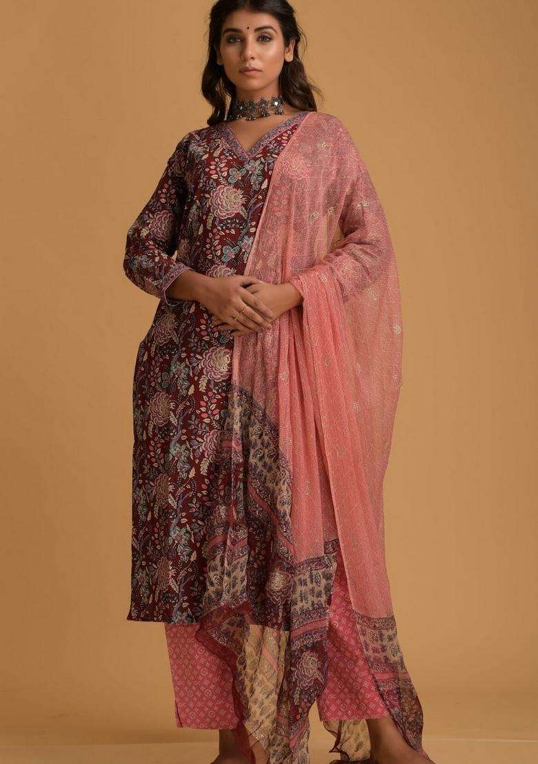 Light Pink Floral Print Viscose Straight Kurta Set - Indya