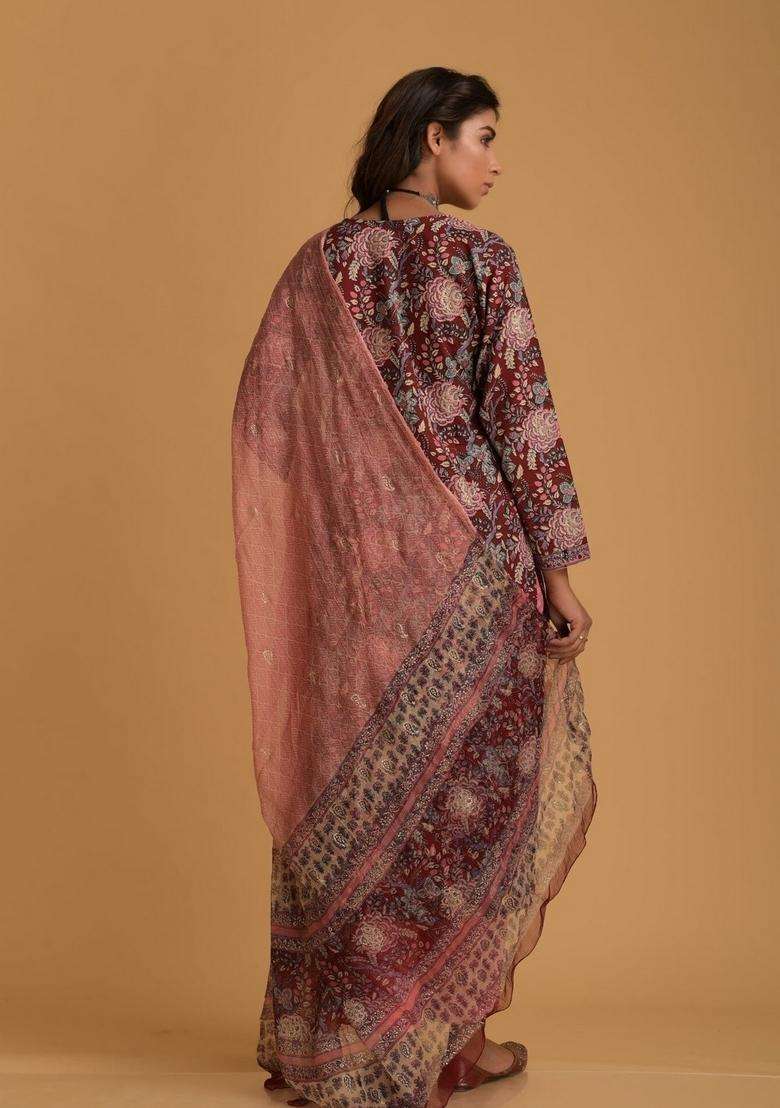 Light Pink Floral Print Viscose Straight Kurta Set - Indya