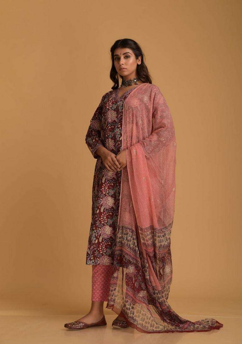 Light Pink Floral Print Viscose Straight Kurta Set - Indya