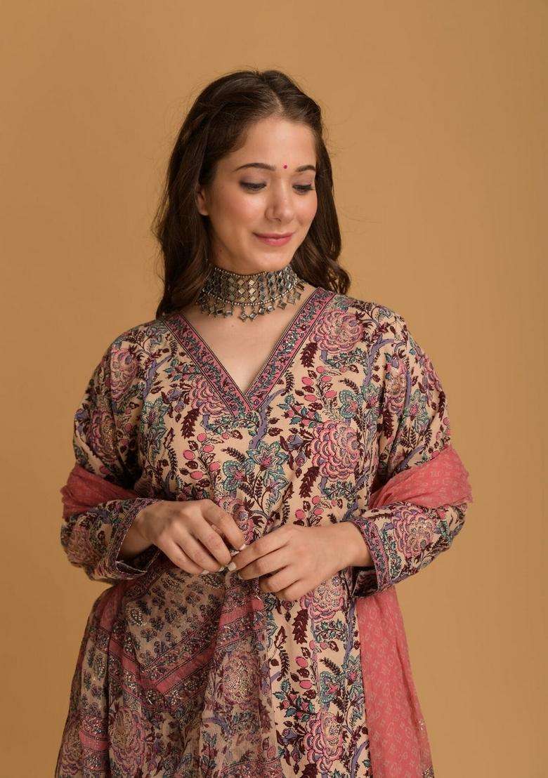 Light Pink Floral Print Viscose Straight Kurta Set - Indya