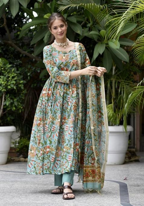 Aqua Green Printed Viscose Kurta Set