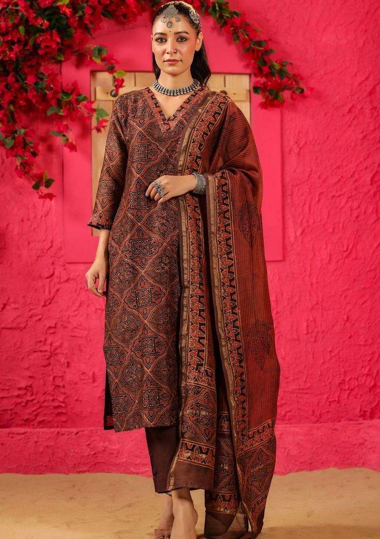 Rust Printed Viscose Straight Kurta Set - Indya