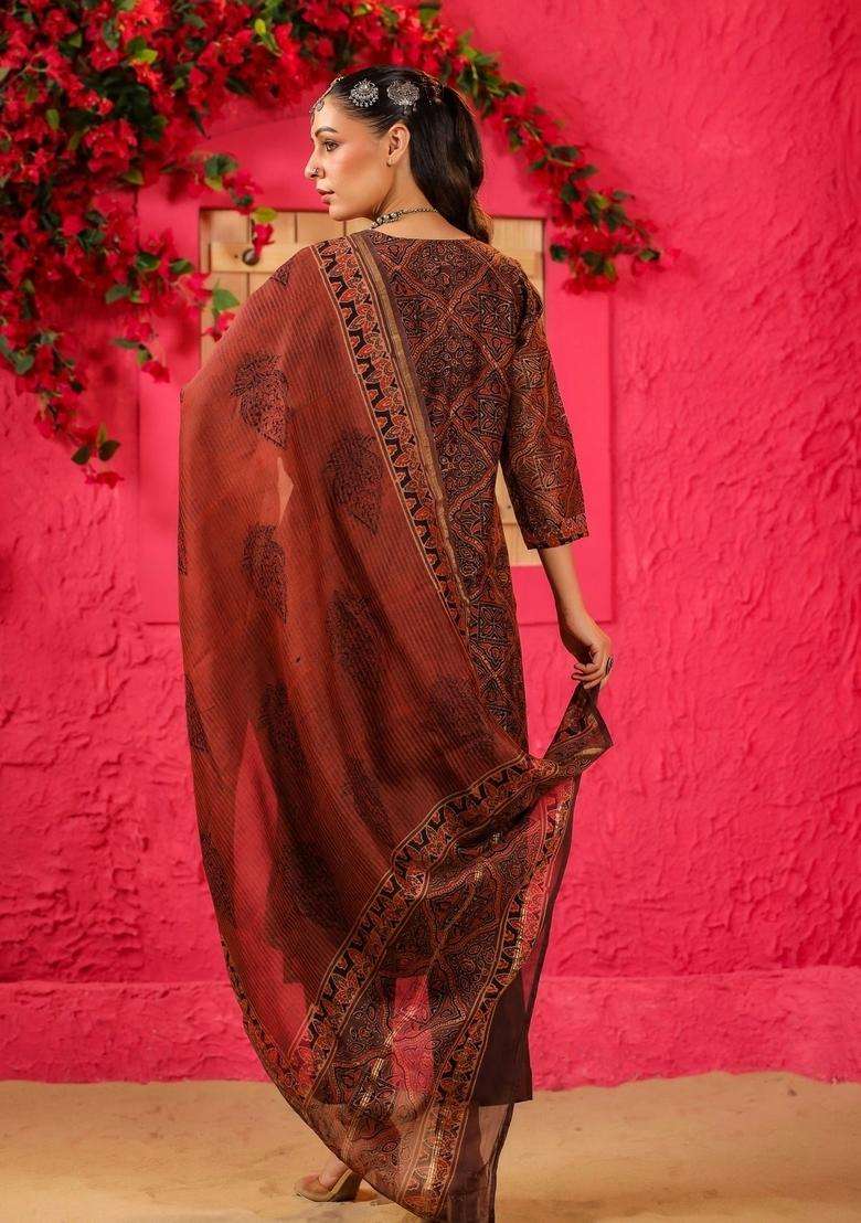 Rust Printed Viscose Straight Kurta Set - Indya