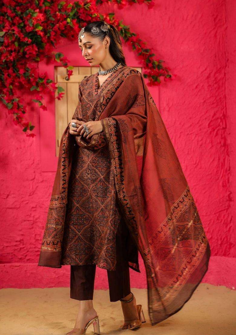 Rust Printed Viscose Straight Kurta Set - Indya