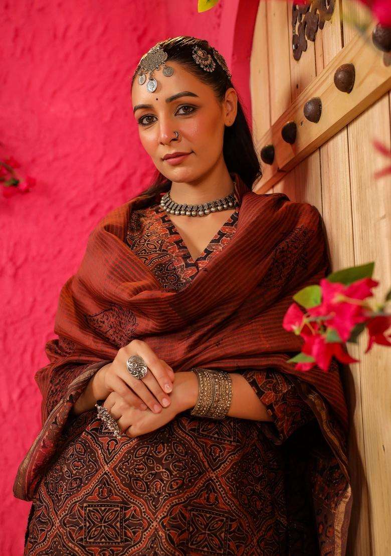 Rust Printed Viscose Straight Kurta Set - Indya