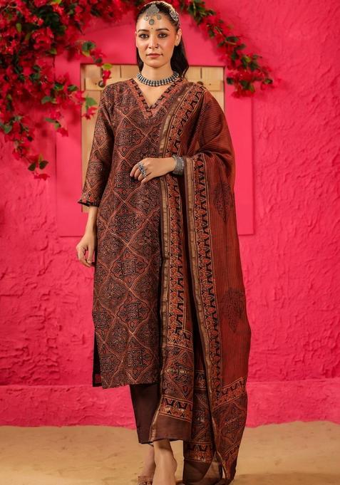 Rust Printed Viscose Kurta Set