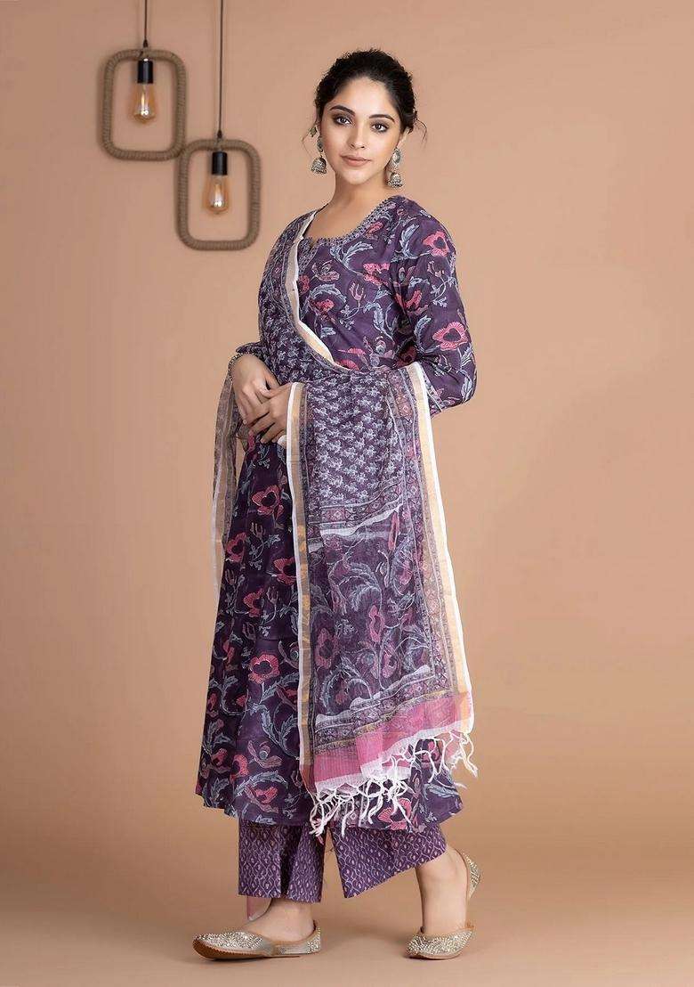Purple Printed Viscose Straight Kurta Set - Indya