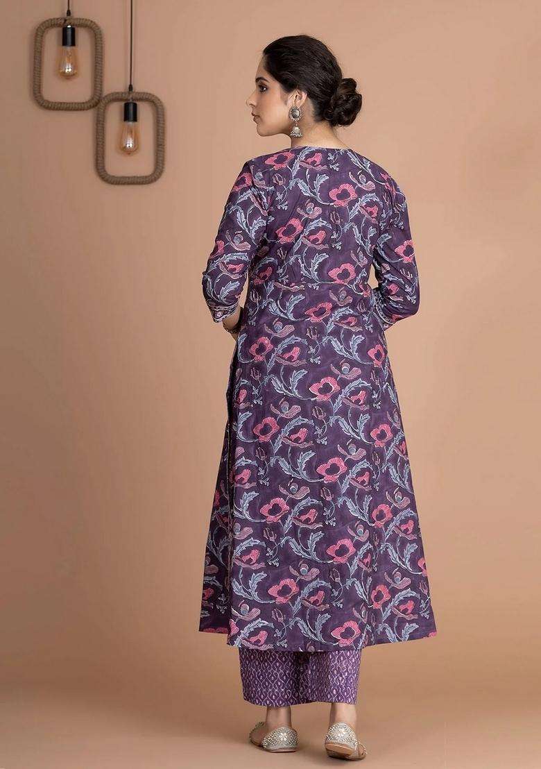 Purple Printed Viscose Straight Kurta Set - Indya