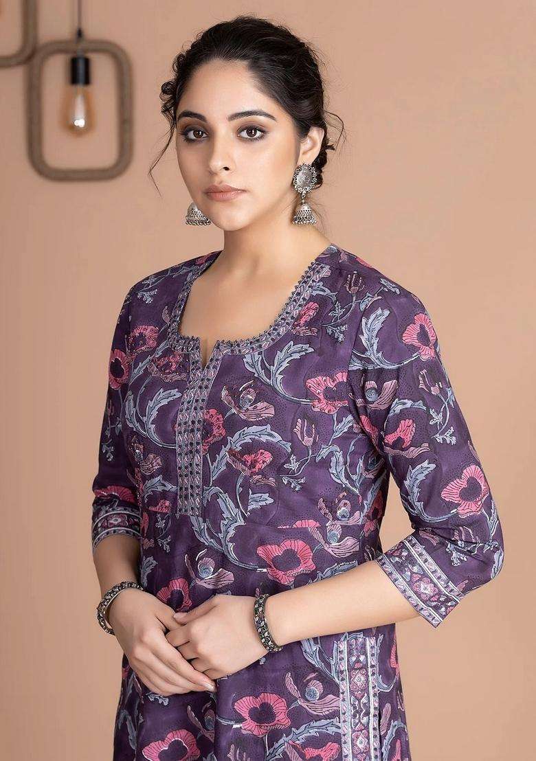 Purple Printed Viscose Straight Kurta Set - Indya