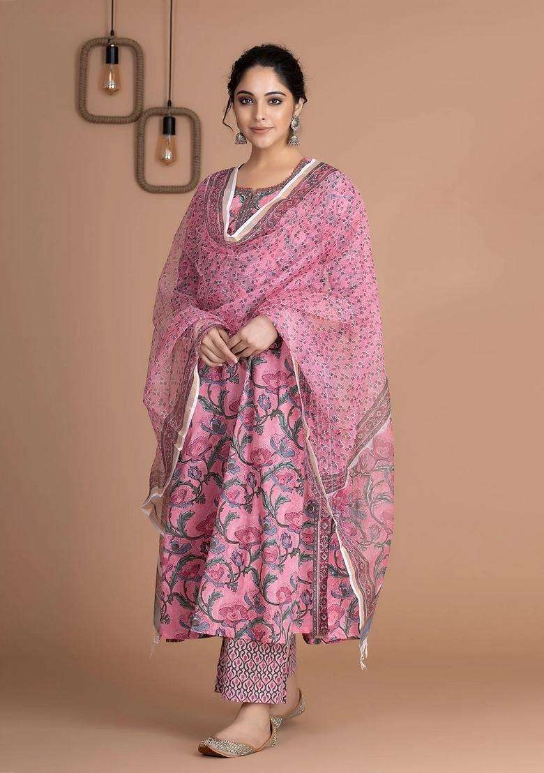 Pink Floral Print Viscose A Line Kurta Set - Indya