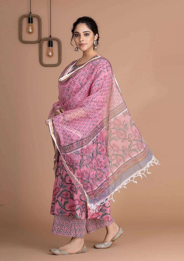 Pink Floral Print Viscose A Line Kurta Set - Indya