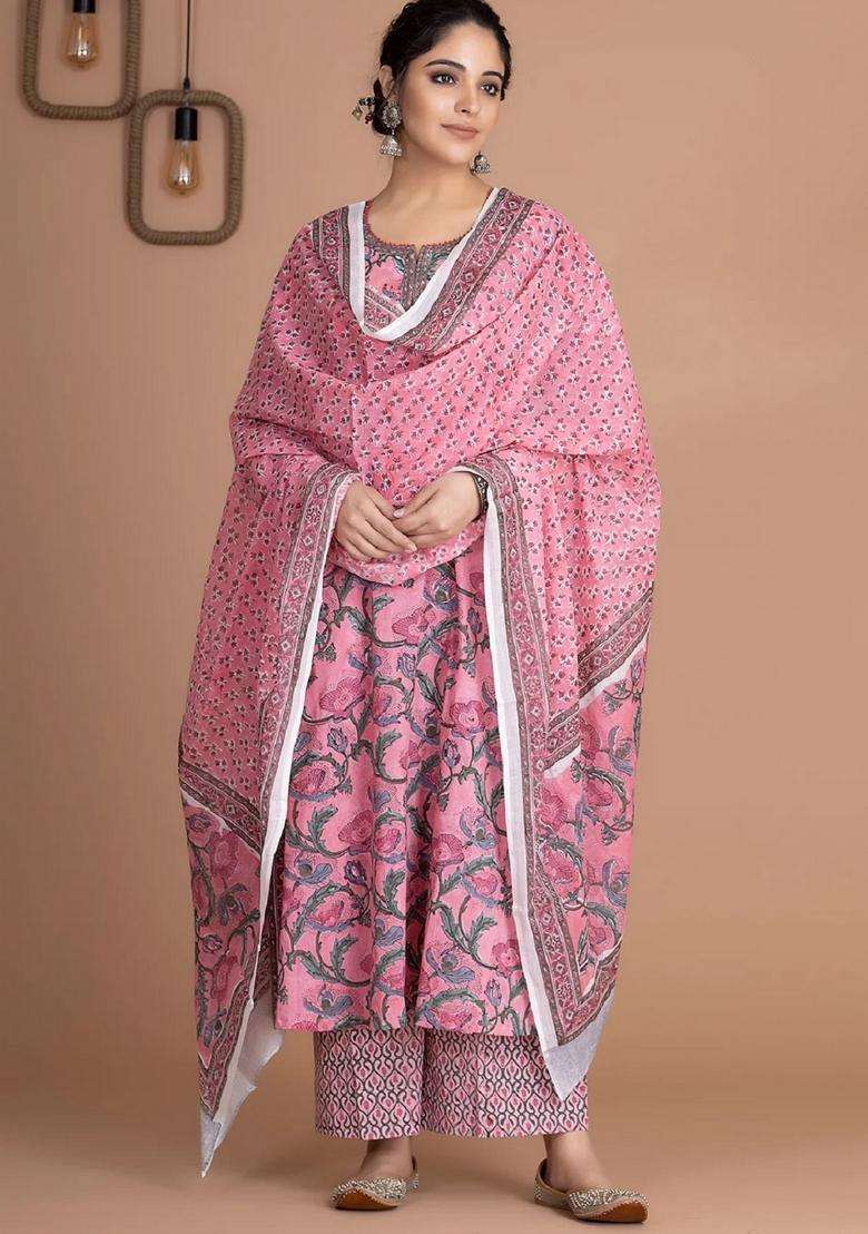 Pink Floral Print Viscose A Line Kurta Set - Indya