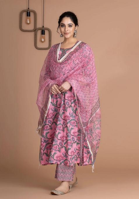 Pink Printed Viscose Kurta Set