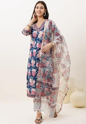 Navy Blue Printed Viscose Kurta Set