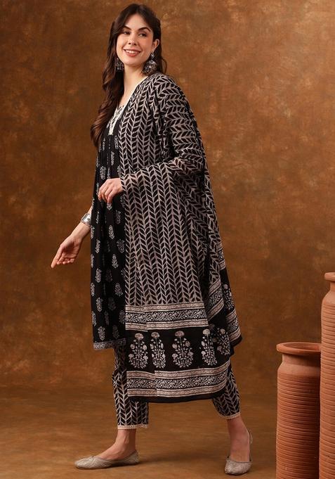 Black Printed Viscose Kurta Set