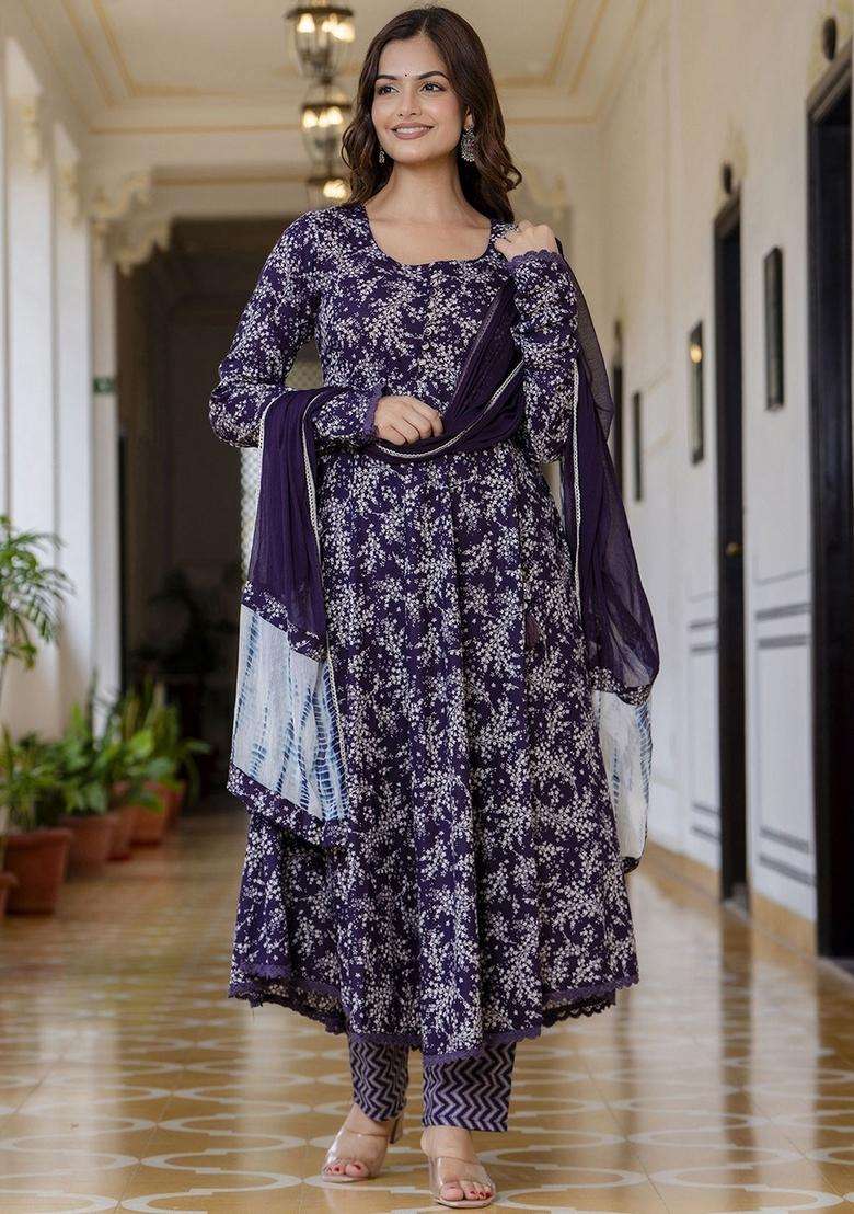 Purple Printed Viscose Anarkali Set - Indya