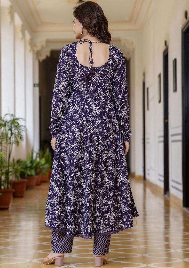 Purple Printed Viscose Anarkali Set - Indya