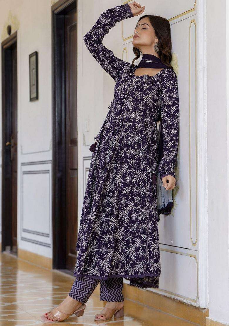 Purple Printed Viscose Anarkali Set - Indya