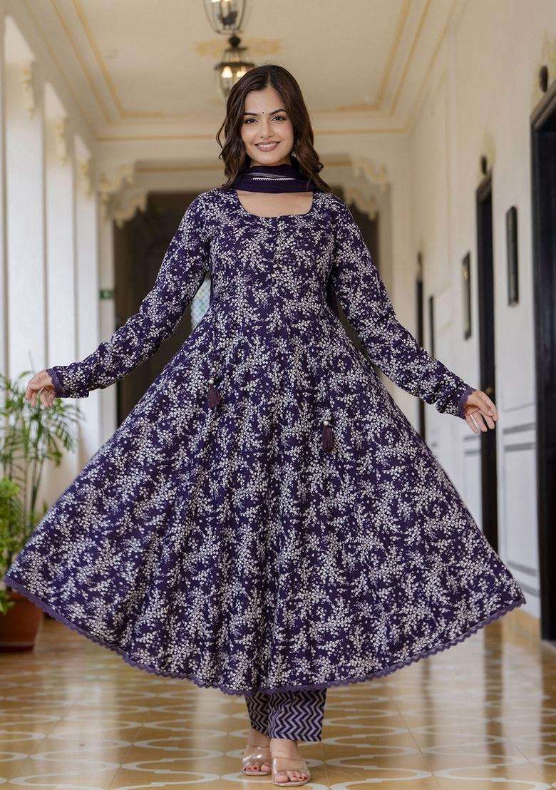Purple Printed Viscose Anarkali Set - Indya