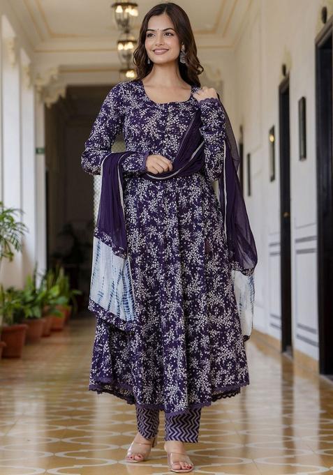 Purple Printed Viscose Kurta Set