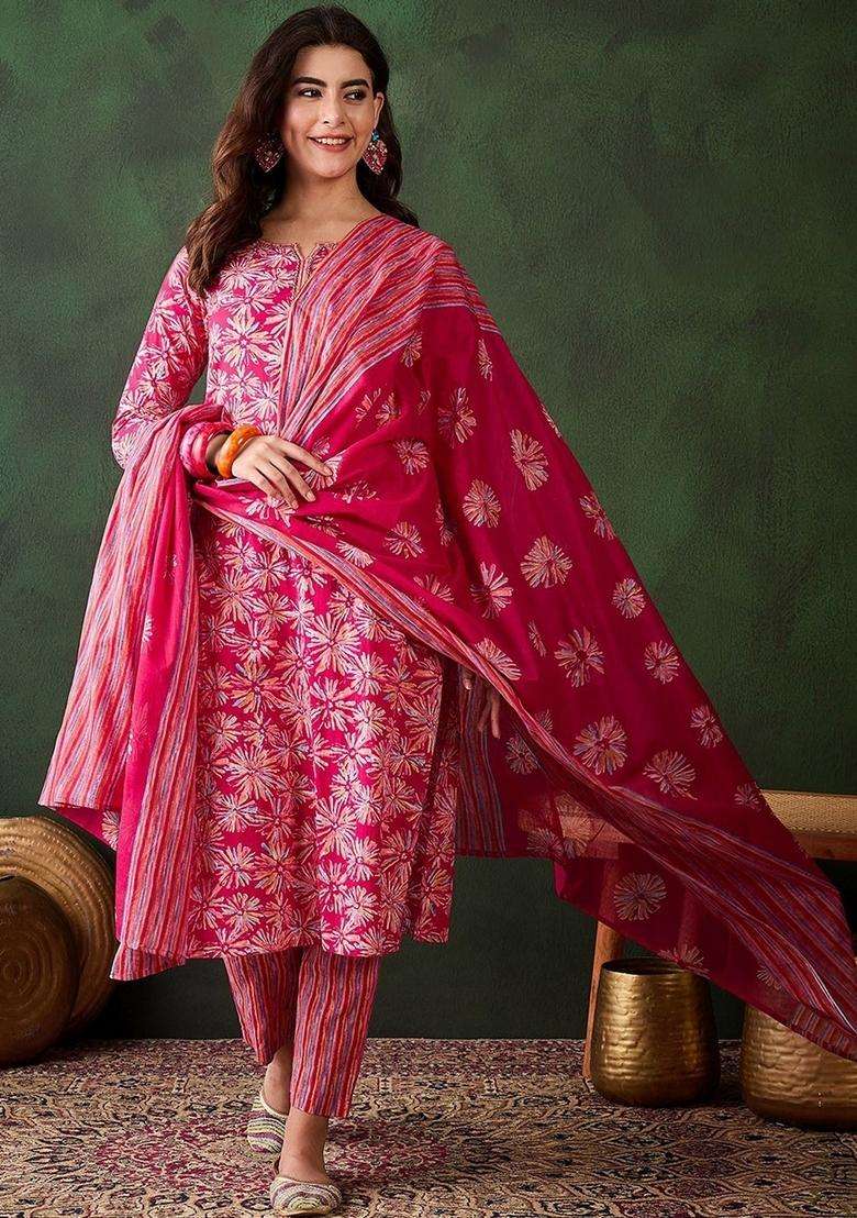 Pink Printed Viscose Straight Kurta Set - Indya