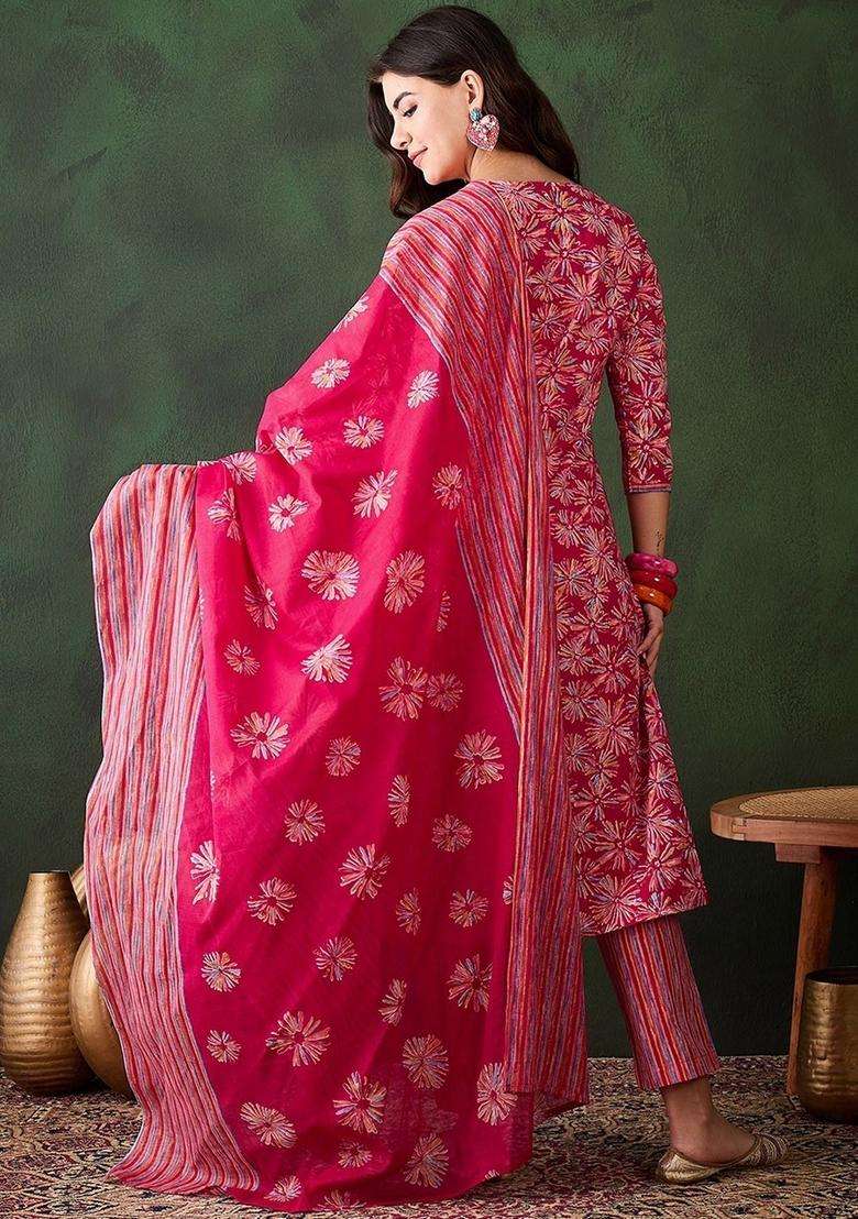 Pink Printed Viscose Straight Kurta Set - Indya