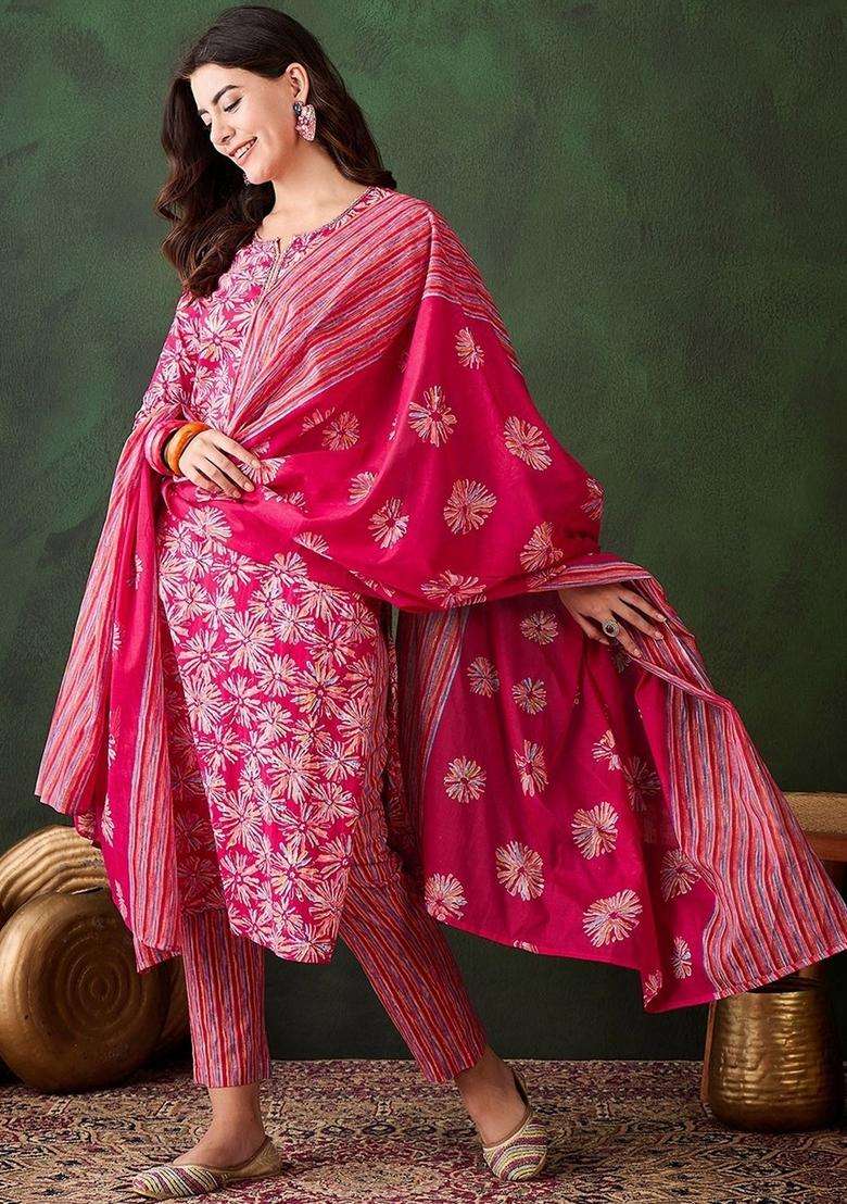 Pink Printed Viscose Straight Kurta Set - Indya