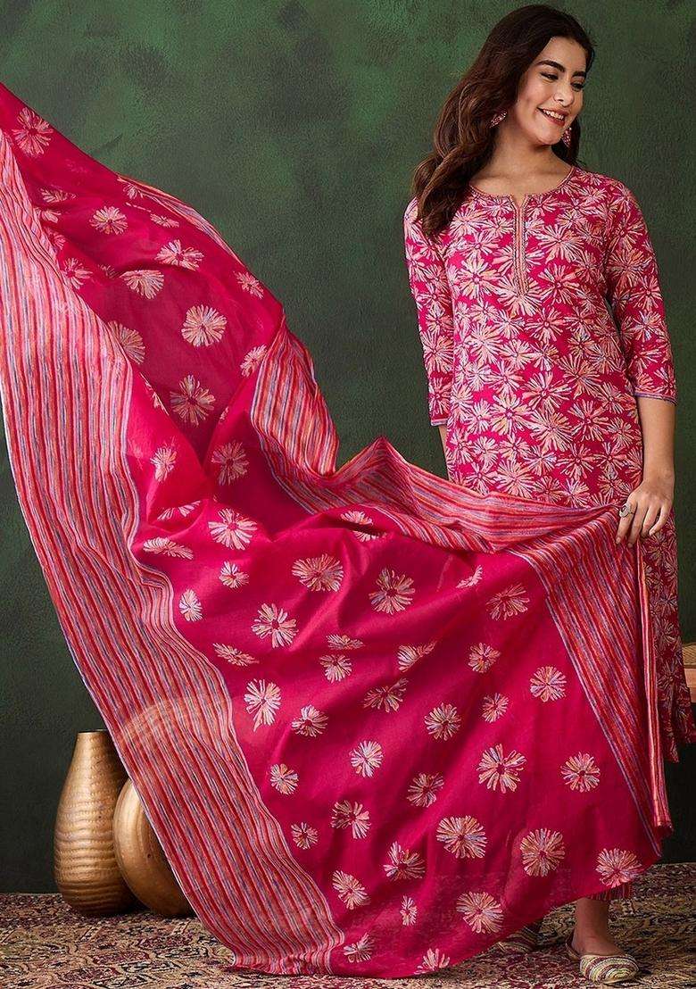 Pink Printed Viscose Straight Kurta Set - Indya